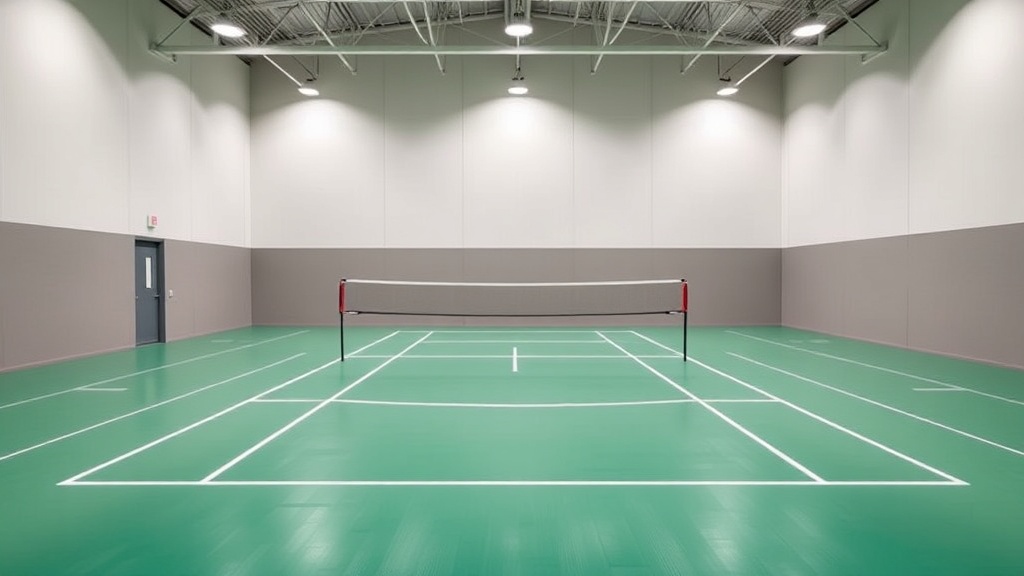 배드민턴 경기장의 전체 모습을 보여주는 공식 규격 코트 이미지