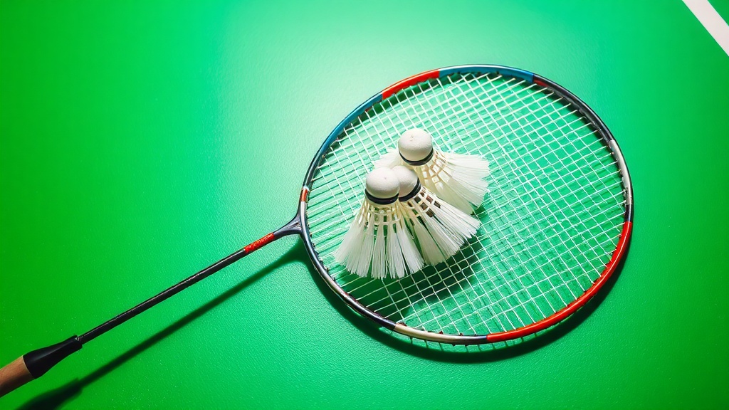 배드민턴 라켓과 셔틀콕이 코트 위에 배치된 정적인 장면