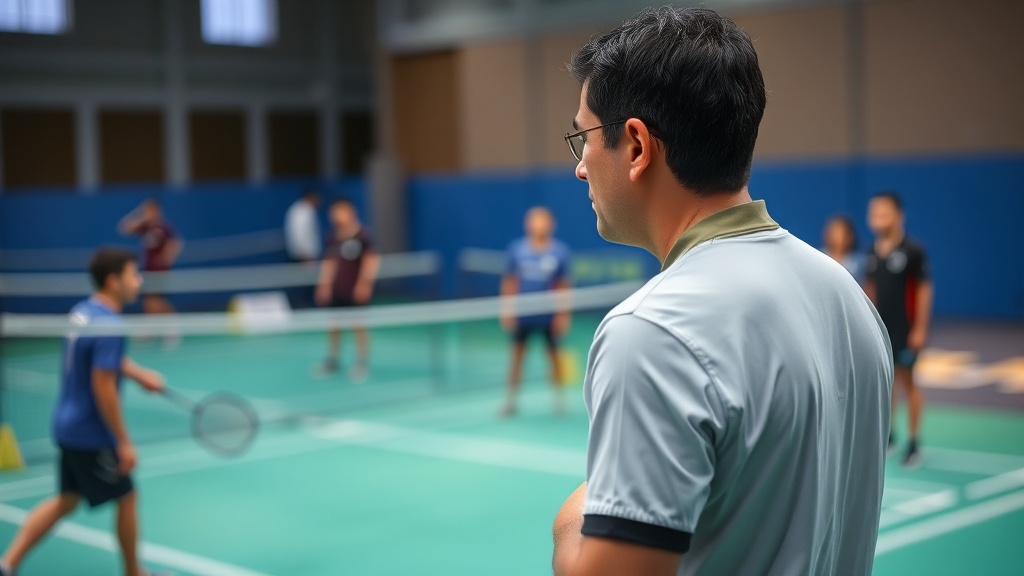 배드민턴 경기에서 심판이 코트와 선수들을 관찰하는 모습