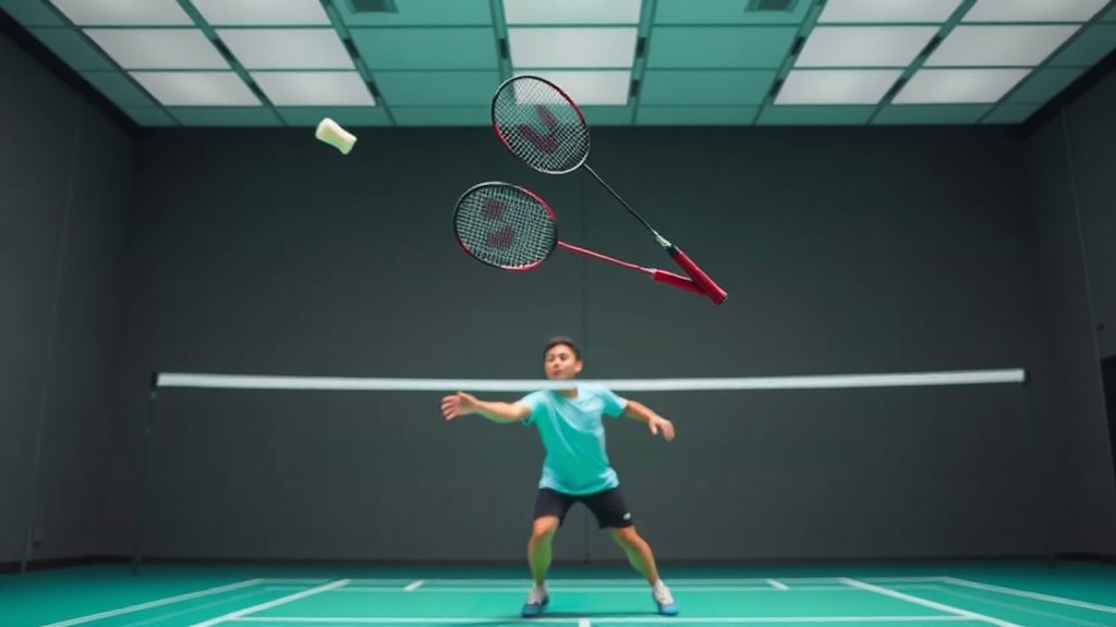 배드민턴 선수가 허리 아래에서 언더핸드 서비스를 준비하는 동작